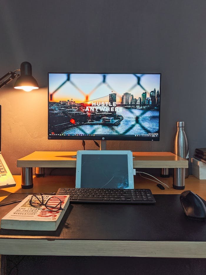 Innovative home office with tablet and monitor setup on a desk, ideal for creative work.