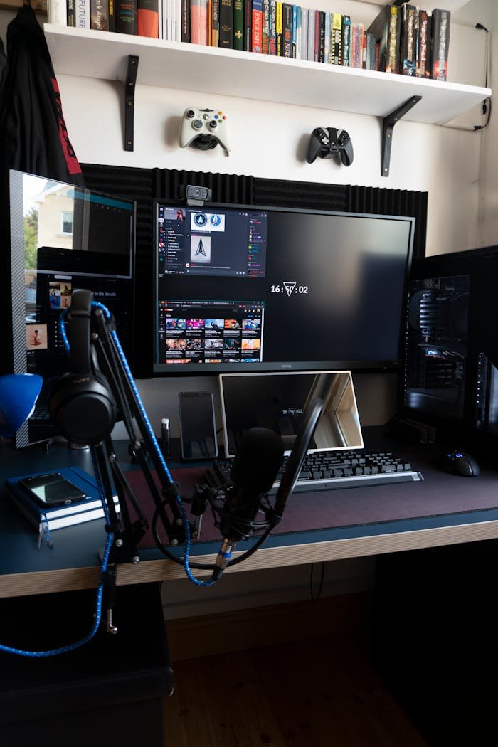 Sleek gaming setup featuring dual monitors, a gaming keyboard, and microphone ideal for tech enthusiasts.