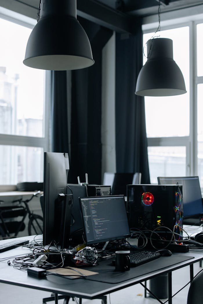 A modern office desk with computers, monitors, and tech equipment in a bright room.