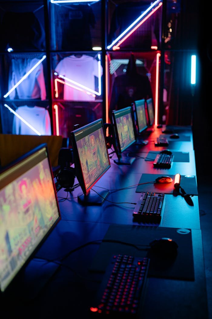 A modern cybercafe setup featuring neon lights and aligned computer stations with colorful screens.